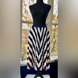 Ted Baker Navy, White, and Burgundy Pleated Midi Skirt